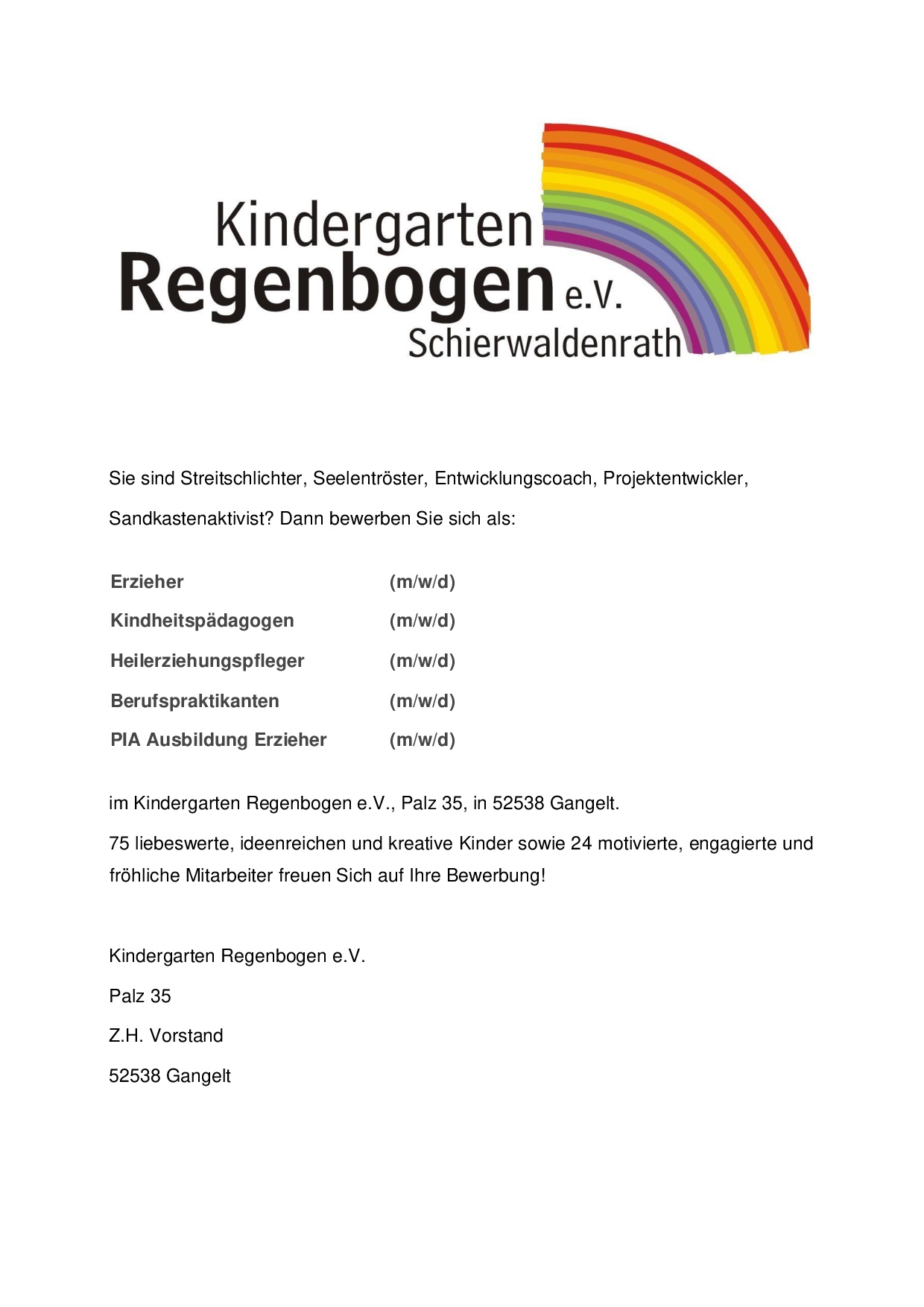 Stellenangebote – Kindergarten Regenbogen e. V. Schierwaldenrath